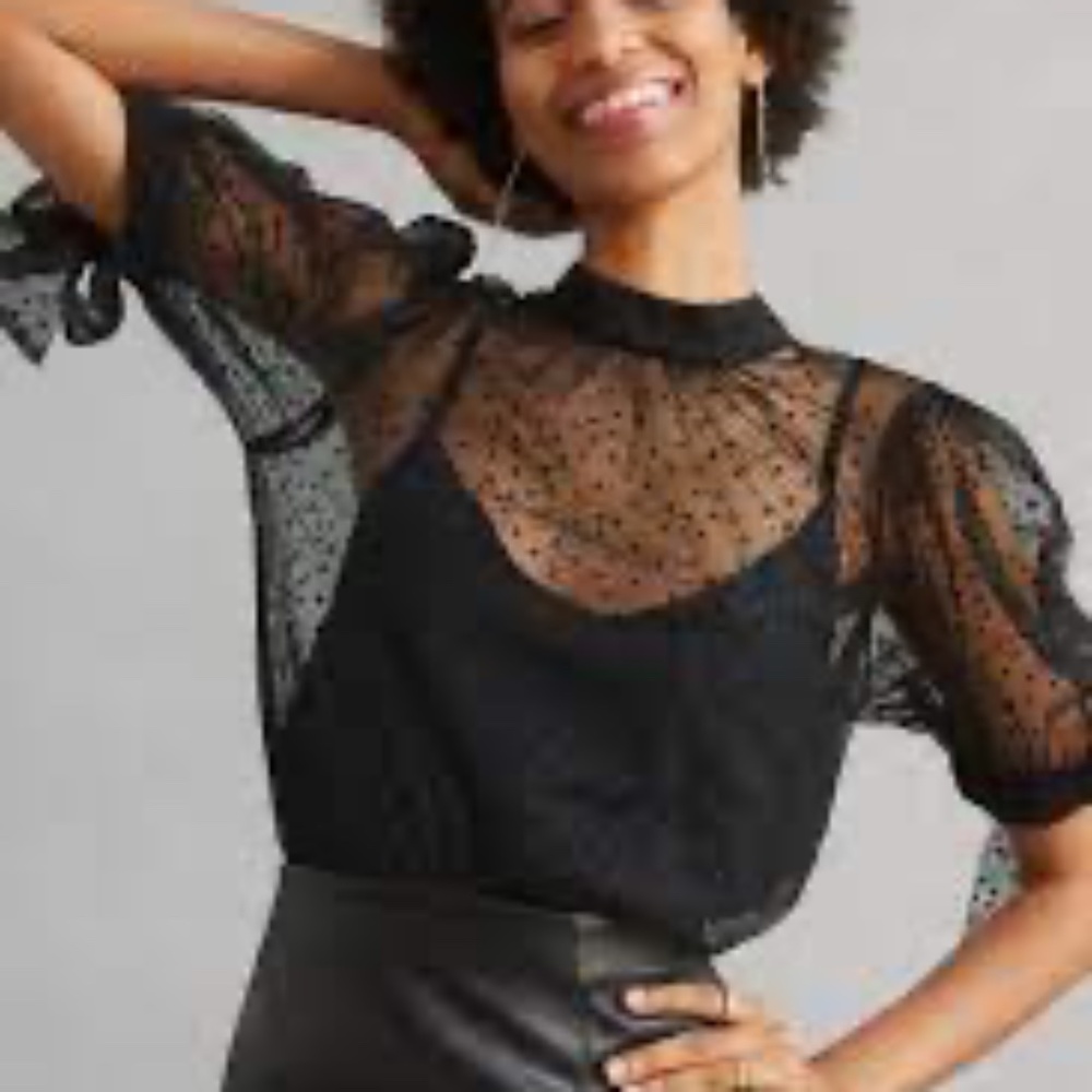 Anthropologie Sheer Tulle Black Polk a Dot Blouse NWOT
